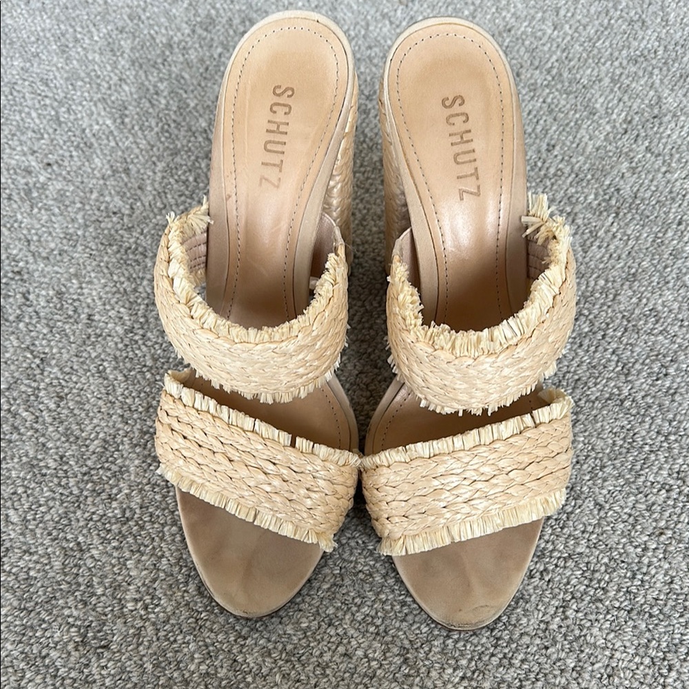 SCHUTZ Tan Wedge Sandals with Natural Woven Straps